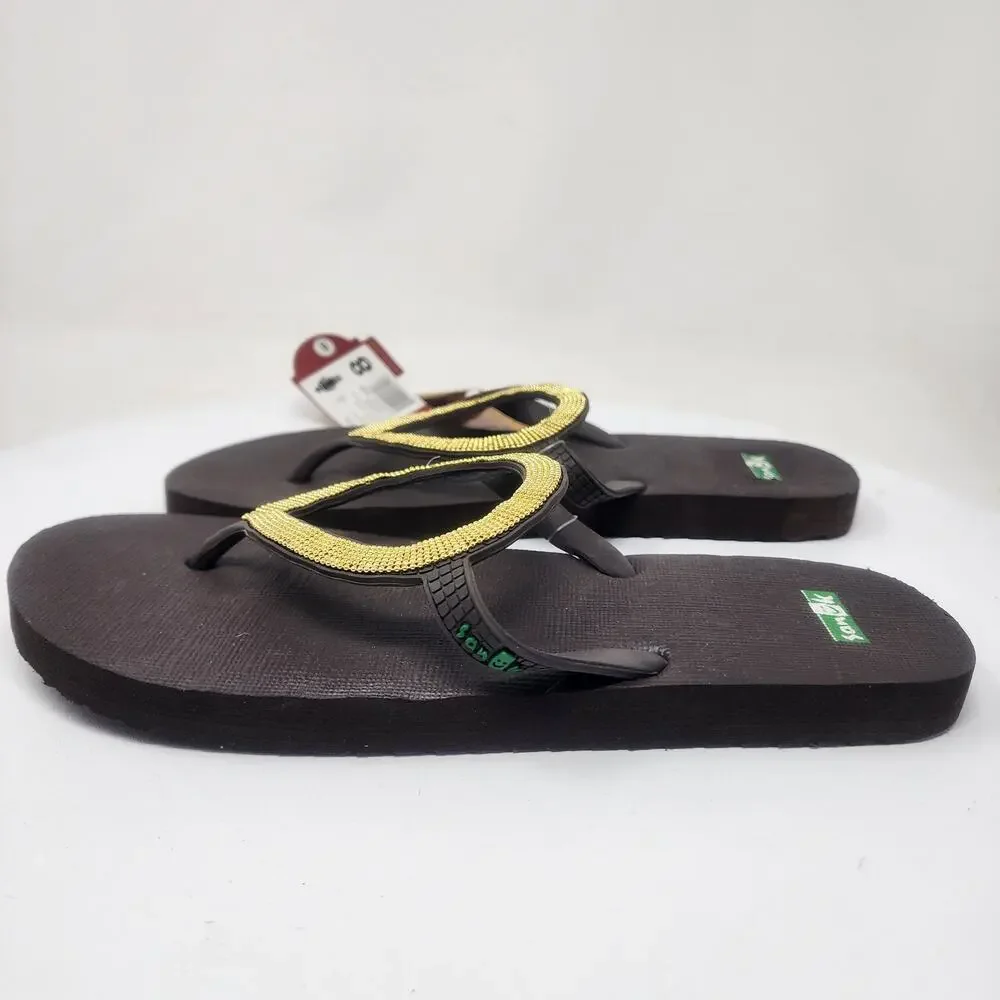 Sanuk Ibiza St. Tropez Flip-Flop Sandals Women 8 Brown Gold Bead Circle 034630
